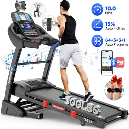 4.5HP Folding Treadmill Clearance for Home with 15 Auto Incline, Smart APP, 300Lbs, Hifi Bluetooth Speakers, 64 Programs, 10MPH Speed, Foldable Eletreadmill Running Machine, Knee Strap Gift